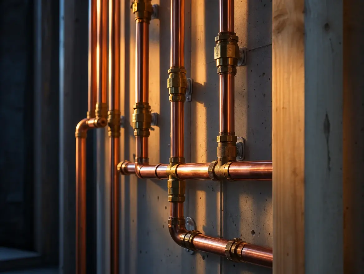 Illustration générée — réseau sanitaire en cuivre et laiton avant fermeture