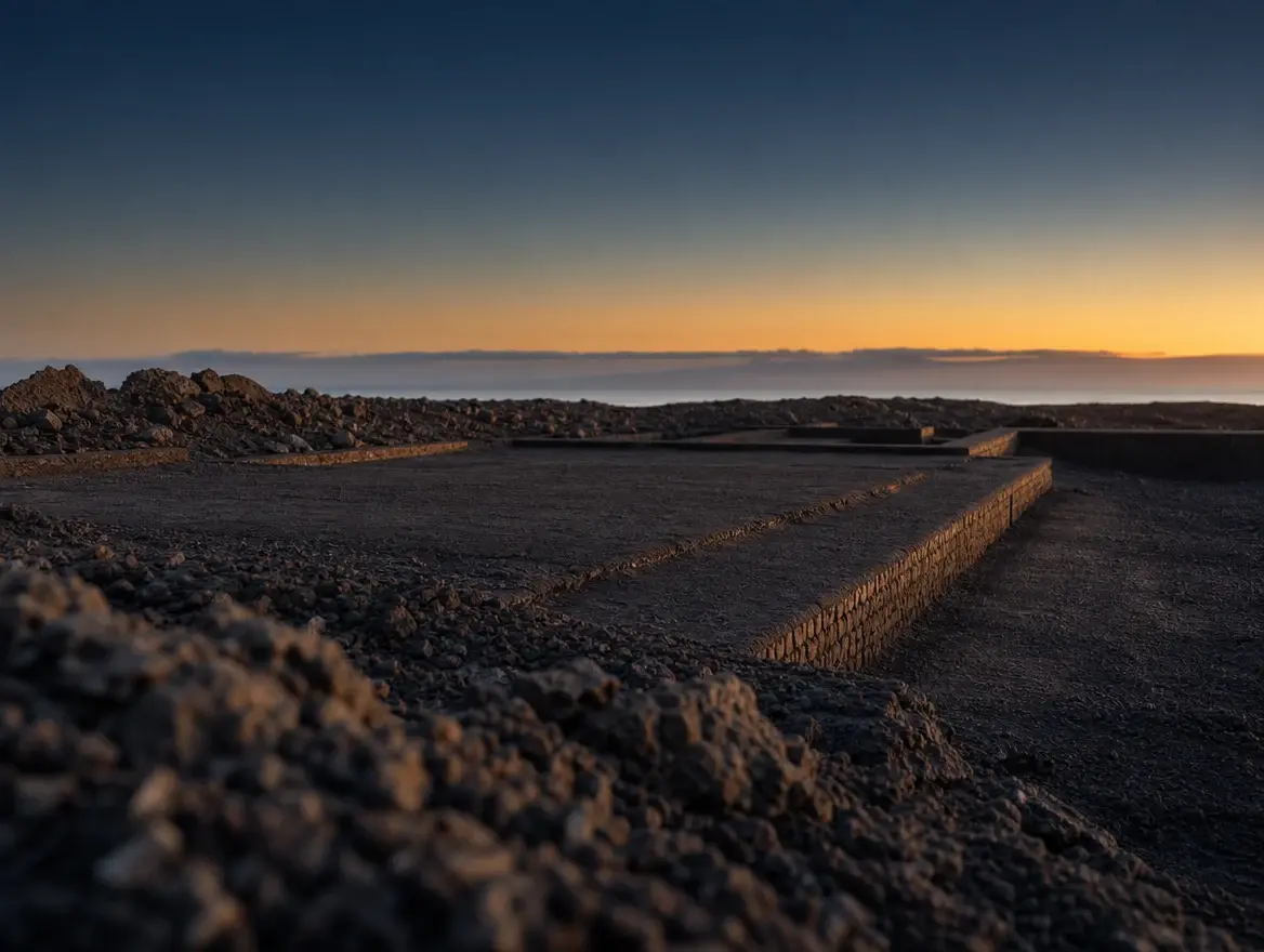 Illustration générée — terrain volcanique nivelé pour une plateforme de construction